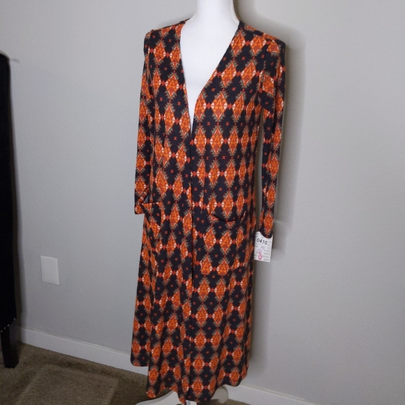 LuLaRoe Sarah Cardigan Duster Southwestern Sweater Long Open Front Orange Small - Picture 8 of 8